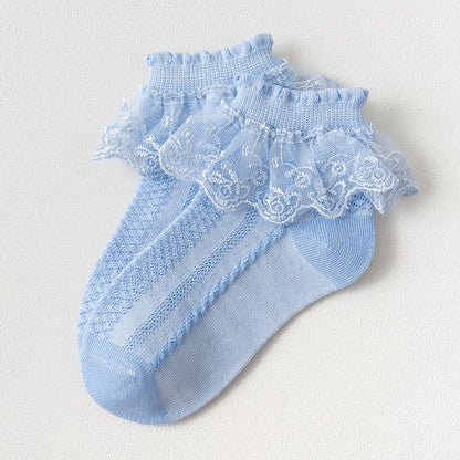 Girls' Lace Trim Princess Socks – Cotton Mesh Breathable Socks for Kids