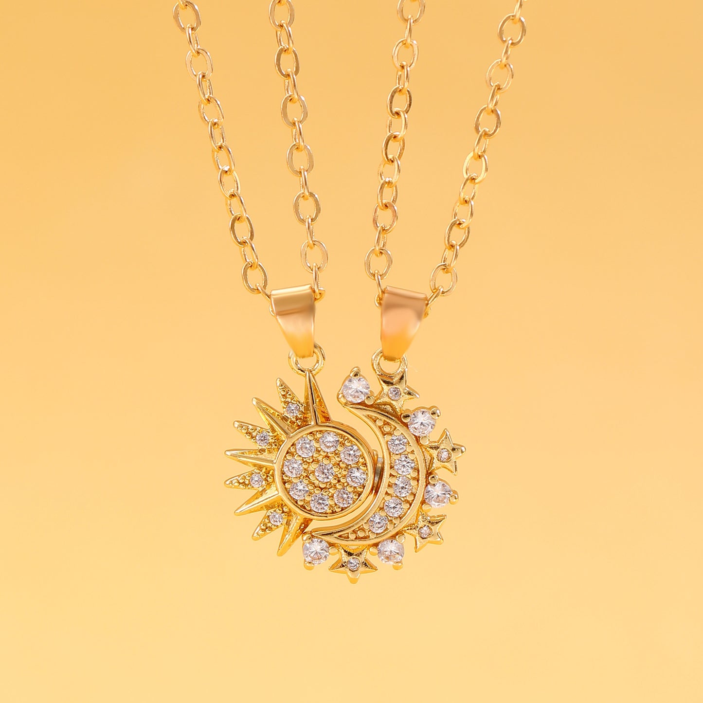 Moon and Sun Couple Magnetic Pendant, Bracelet, and Ring with Embellished Crystals