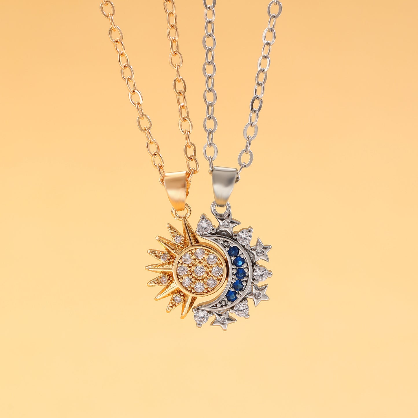 Moon and Sun Couple Magnetic Pendant, Bracelet, and Ring with Embellished Crystals