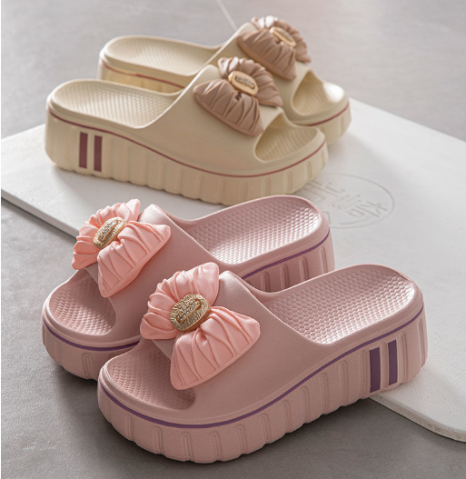 Women'S Summer EVA Slide Sandals - Thick Cushioned High Heel, Non-Slip & Odor-Resistant, Beige with Floral Bow Design