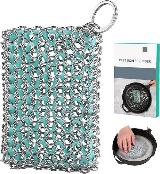 Cast Iron Scrubber – Chainmail Scrubber with Silicone Core for Skillet, Pan, Dutch Oven