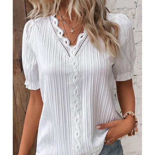 Summer Hollow Out Short Sleeve Shirt Women Fashion Holiday Blouse Top