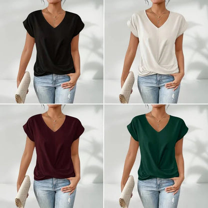 Casual Short-Sleeve T-Shirt with Elegant V-Neck Pleats