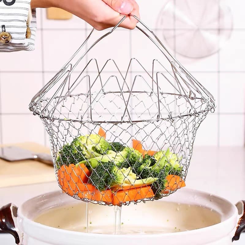 Stainless Steel Folding Fry Basket - Multi-Function Kitchen Strainer for Frying
