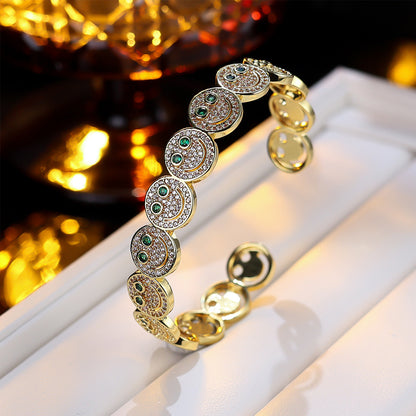 Luxury Round Smiley Face Zirconia Gold-Plated Bracelet | Minimalist Bangle