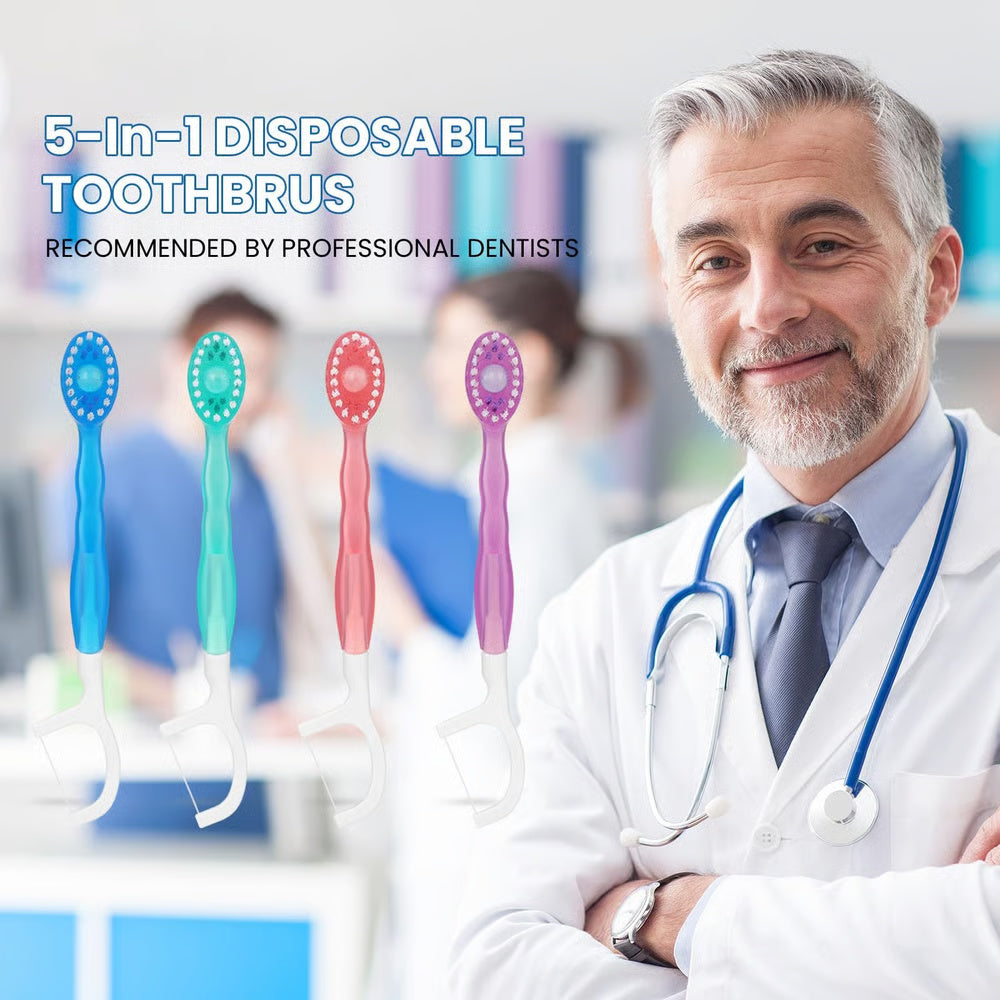 5 in 1 Mini Toothbrush & Floss & Tongue Scraper & Toothpick Set