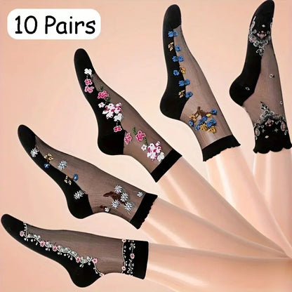 [10 PCS]Women’s Mid-Calf Crystal Sheer Socks with Non-Slip Cotton Sole
