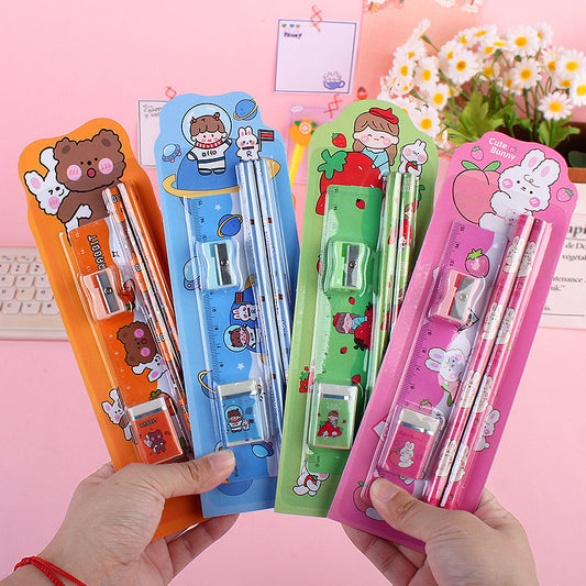Buy 1 Get 1 Free - 5-Piece Cute Cartoon Stationery Set (Includes Pencil, Ruler, Eraser, Sharpener)