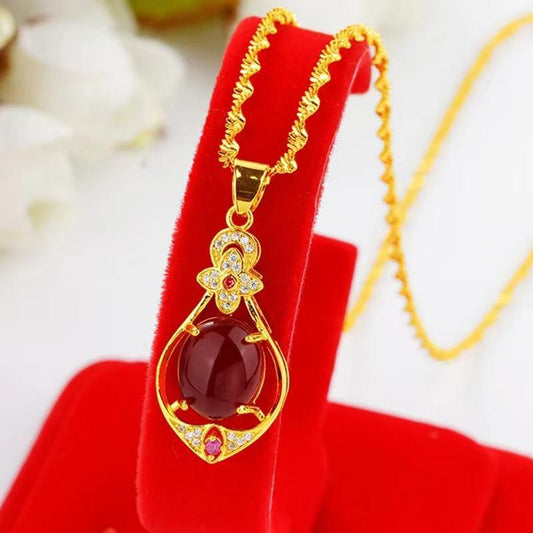 Water Drop Four-Leaf Clover Gemstone Pendant Necklace, Oriental Style Imitation Jade Design, New Model for 2025