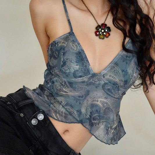 Sexy V - neck ruffled spaghetti - strap top