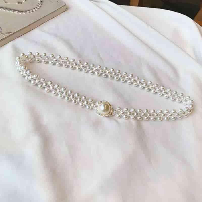 💎French Style Crystal & Pearl Waist Chain – Floral Elastic Belt, Dress Decorative Waistband, Adjustable & Elegant