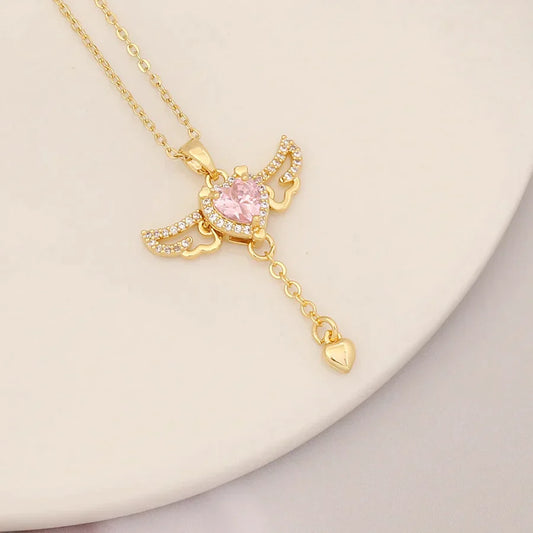 Cupid’s Heart & Angel Wings Necklace | Crystal Tassel Clavicle Chain for Women | Valentine’s Day Romantic Gift