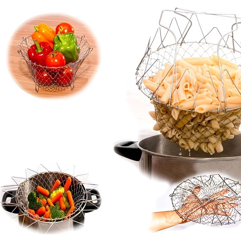 Stainless Steel Folding Fry Basket - Multi-Function Kitchen Strainer for Frying