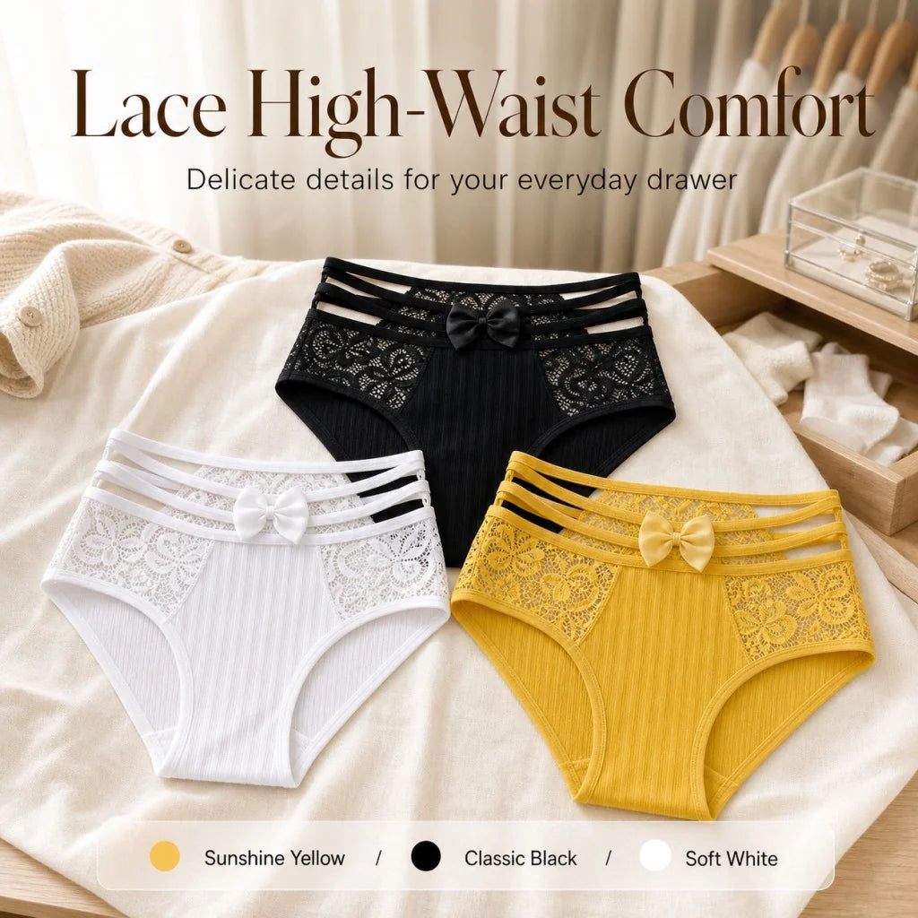Women's High-Waisted Cutout Lace Panties with Bow Detail
