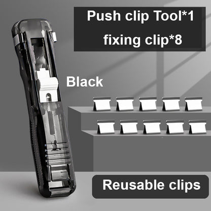 Reusable push clip tool + fixing clip to secure paper without damaging documents