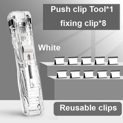 Reusable push clip tool + fixing clip to secure paper without damaging documents