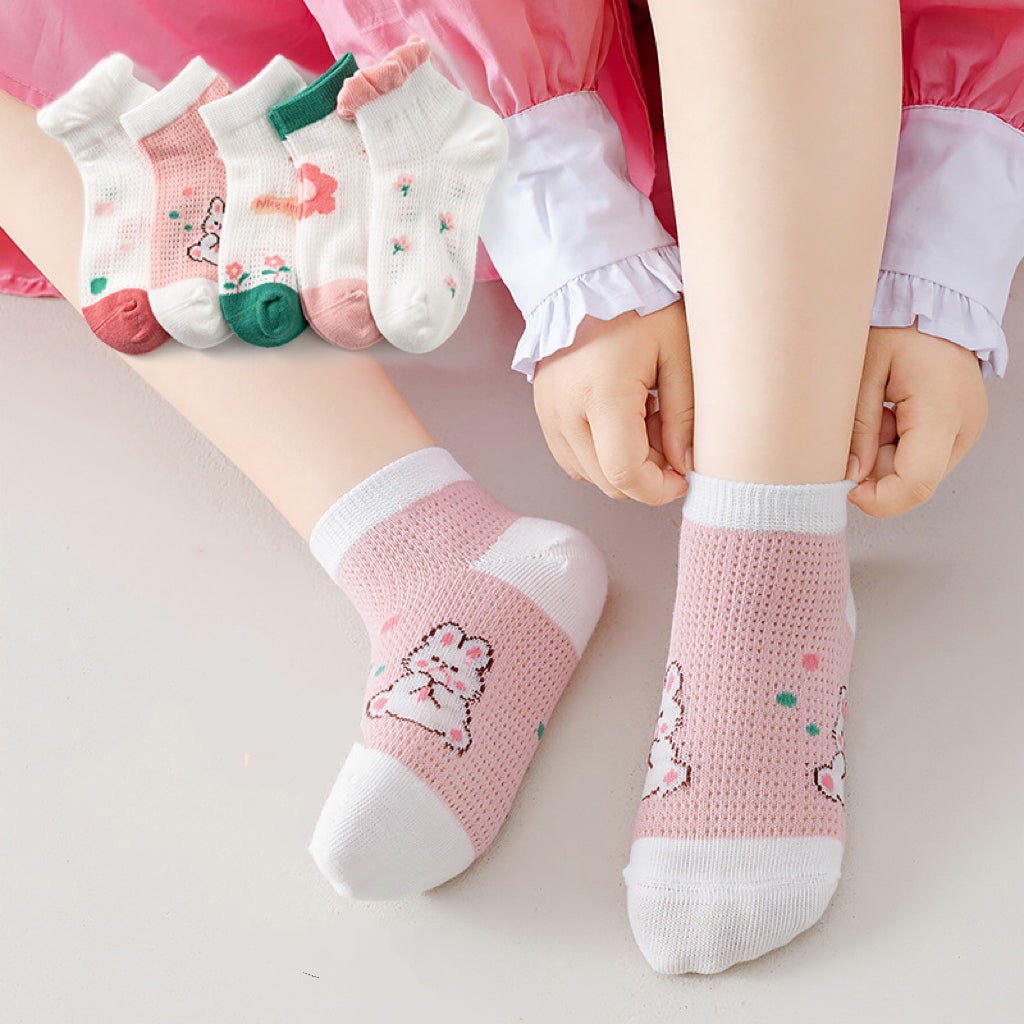 Children's Thin Cartoon Mesh Cotton Socks, Pack of 5 Pairs
