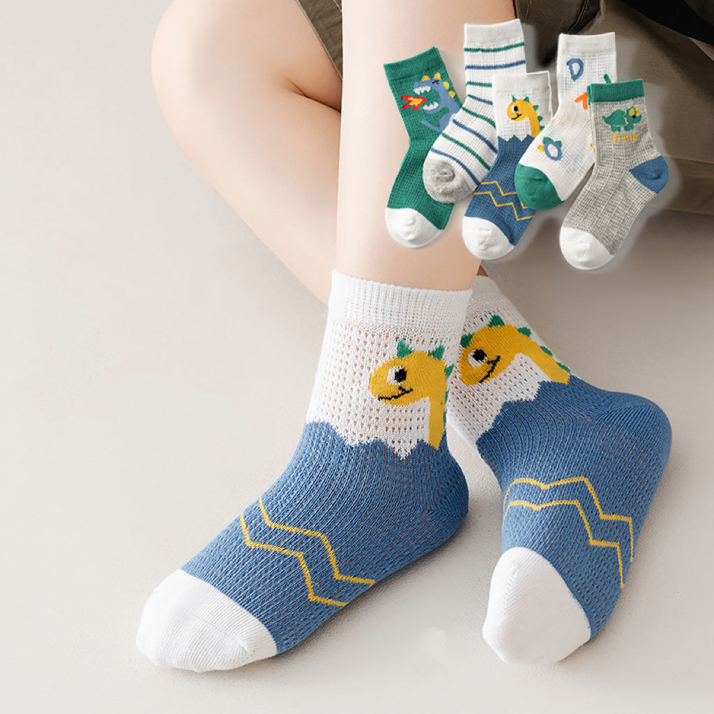Children's Thin Cartoon Mesh Cotton Socks, Pack of 5 Pairs