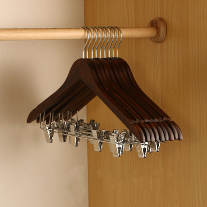 Household non-slip solid wood clothes hanger with clips
