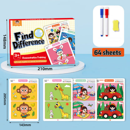 "Find the Difference" Cartoon Game Cards For Children, 64 Pcs，Children's Thinking Training Picture Book