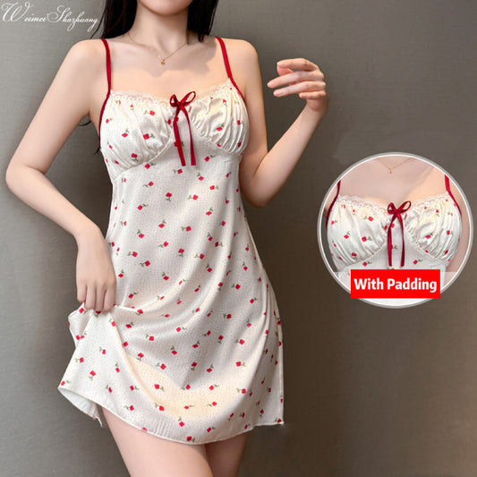 Polka Dot Sweet Bow Floral Nightgown with Padding