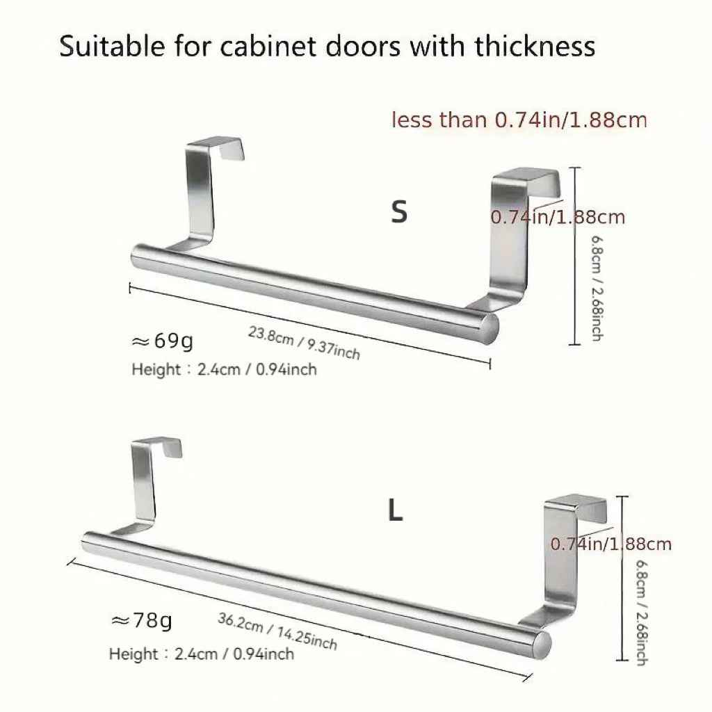 No-Drill Stainless Steel Towel Bar – Over Cabinet Door Towel Holder for Kitchen & Bathroom