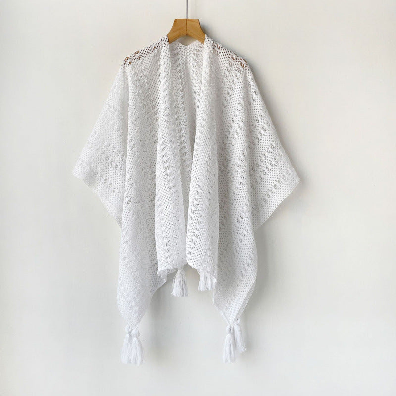 Women’s Bohemian White Hollow-Out Knit Tassel Cardigan