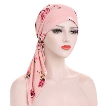 🌸Women's Floral Pre-Tied Head Scarf Turban – Dual Tails Design, Can Be Worn as Wig, Soft & Elastic, Ready-to-Wear