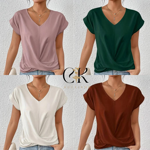 Casual Short-Sleeve T-Shirt with Elegant V-Neck Pleats