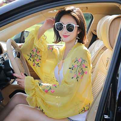 Women's Embroidered Chiffon Sun Protection Shawl – Lightweight, Elegant & Breathable