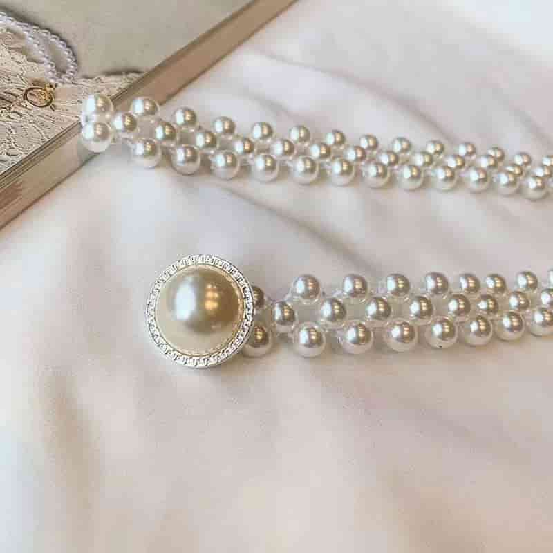 💎French Style Crystal & Pearl Waist Chain – Floral Elastic Belt, Dress Decorative Waistband, Adjustable & Elegant