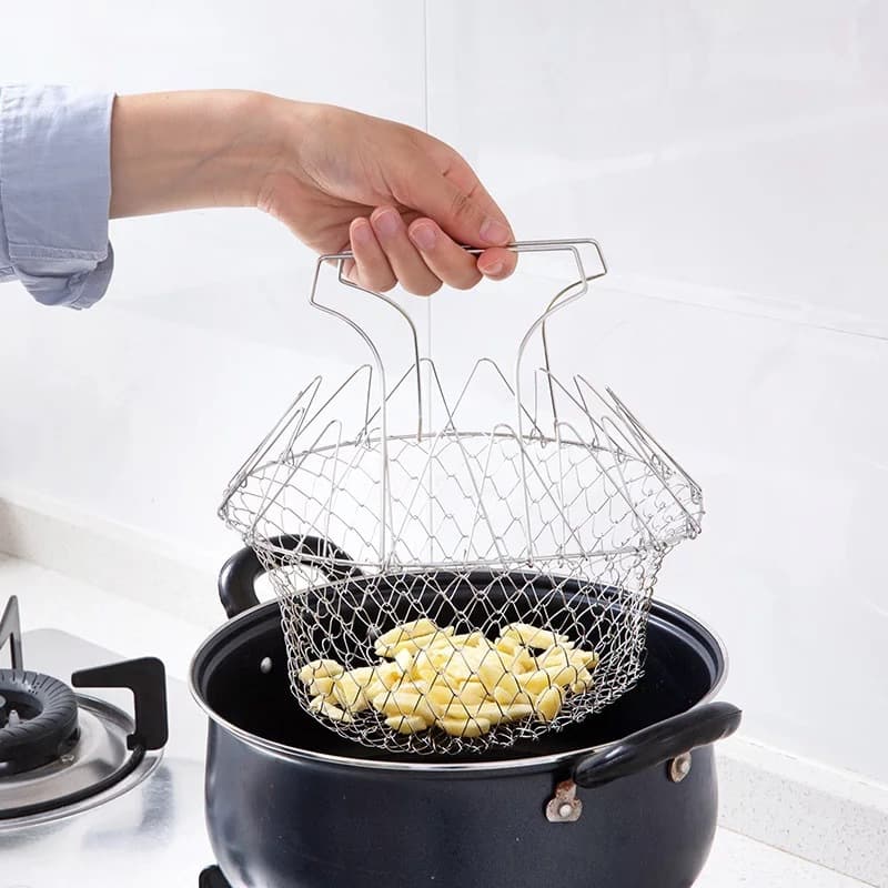 Stainless Steel Folding Fry Basket - Multi-Function Kitchen Strainer for Frying