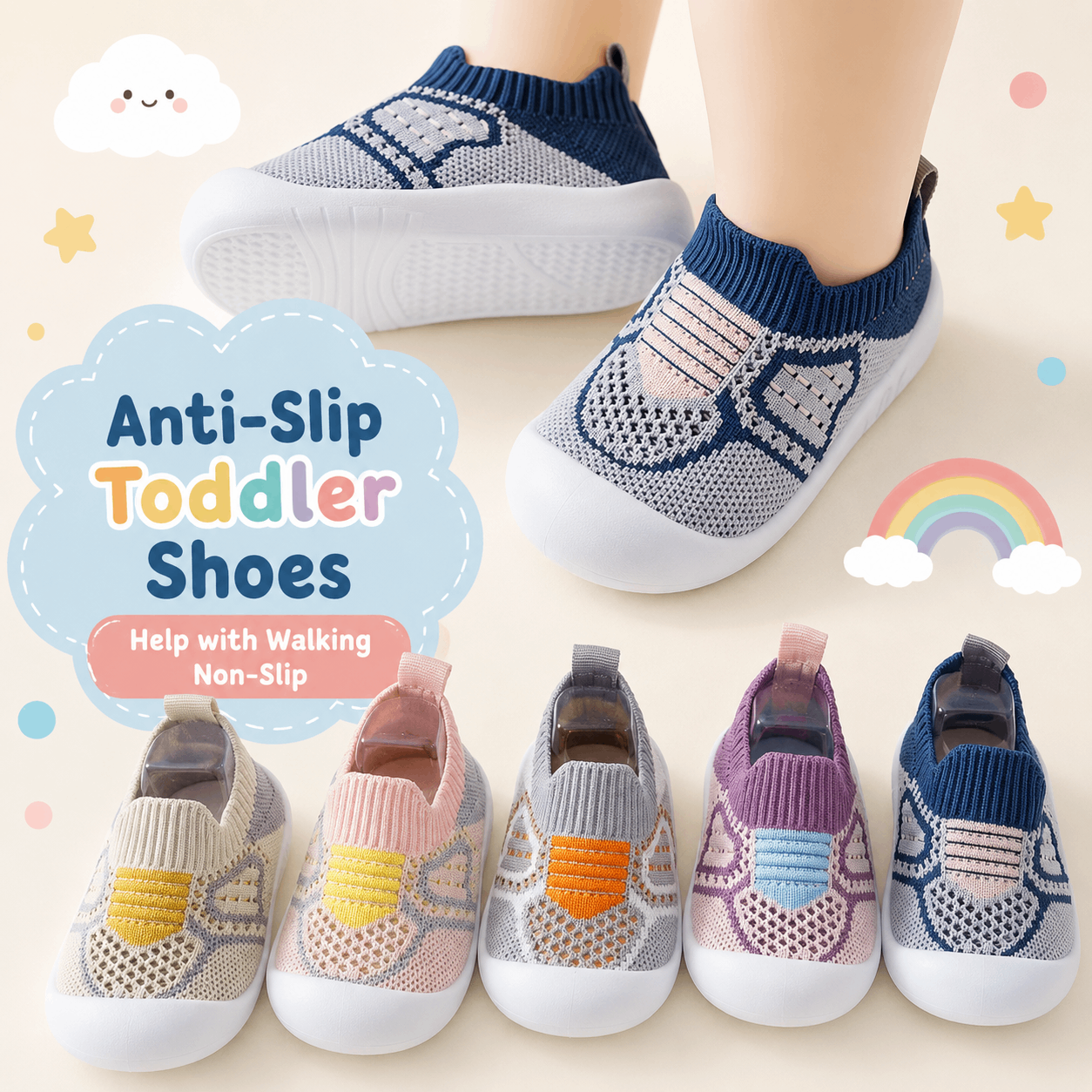 👶Baby Non-Slip Shoes – Breathable Mesh, Rubber Sole, for Home & Outings