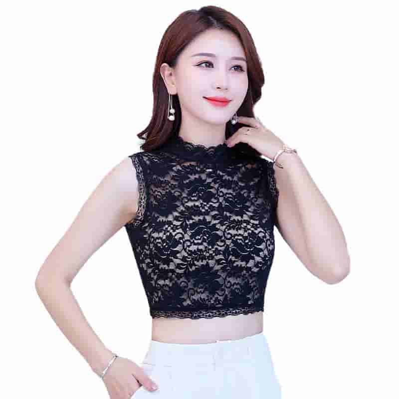 👗Mock Turtleneck Lace Camisole – Sleeveless Mesh Top, Sexy Summer Innerwear