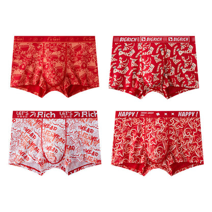 Bright Red Printed Skin-Friendly Antibacterial Men's Underwear