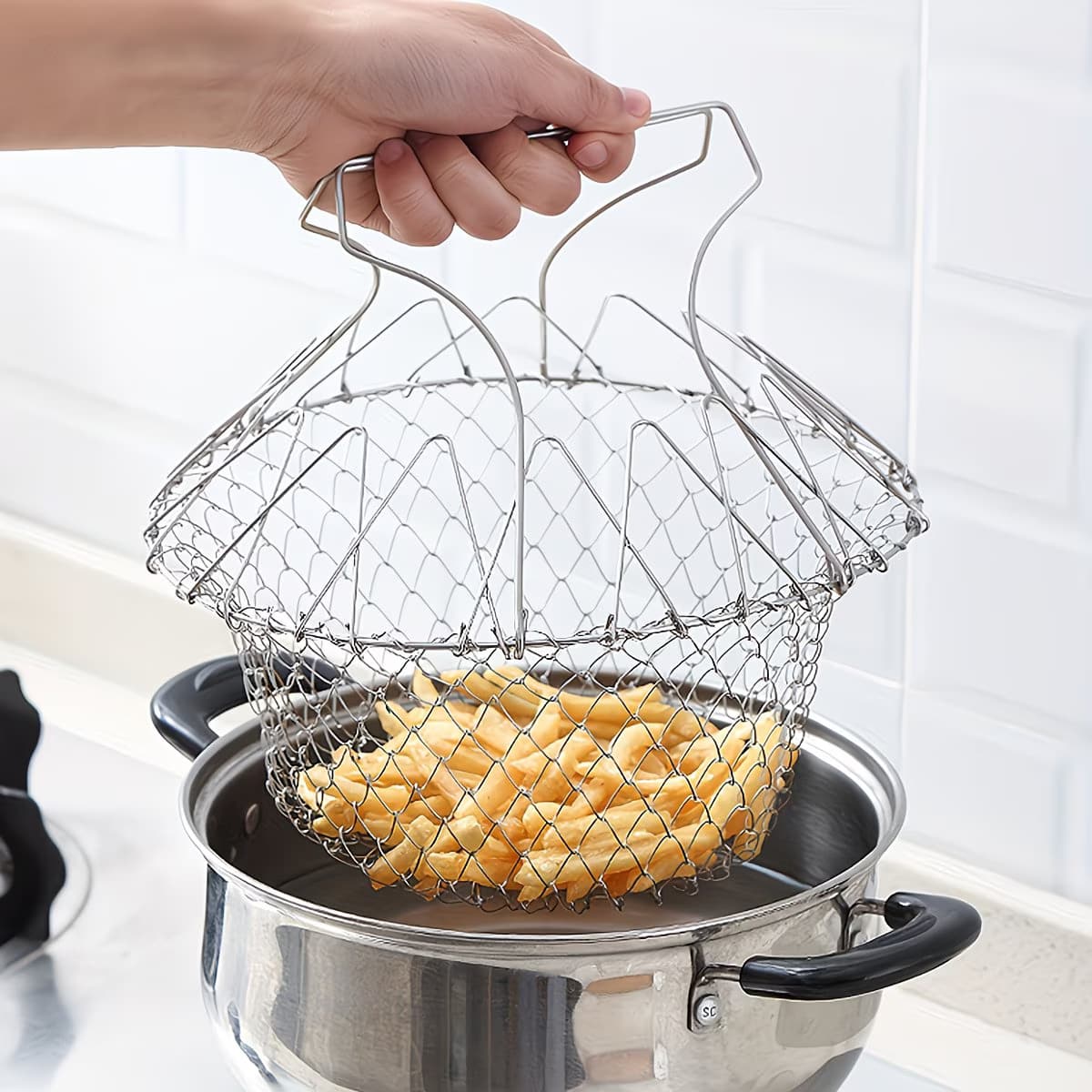 Stainless Steel Folding Fry Basket - Multi-Function Kitchen Strainer for Frying