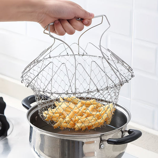 Stainless Steel Folding Fry Basket - Multi-Function Kitchen Strainer for Frying