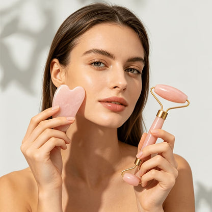 Rose Quartz Facial Roller & Heart-Shaped Gua Sha Set – Dual-Ended Face & Eye Massager for Lifting, Depuffing & Skin Care