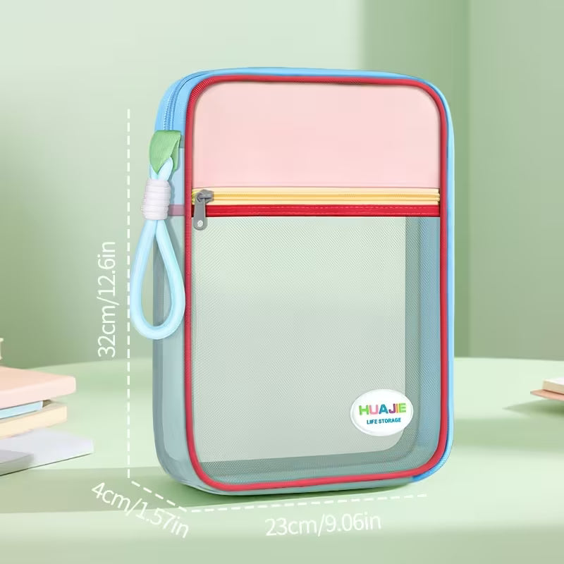 Large Capacity Color-Block Tote Stationery Storage Bag, Document Organizer Pouch, Made of Mesh and Oxford Cloth