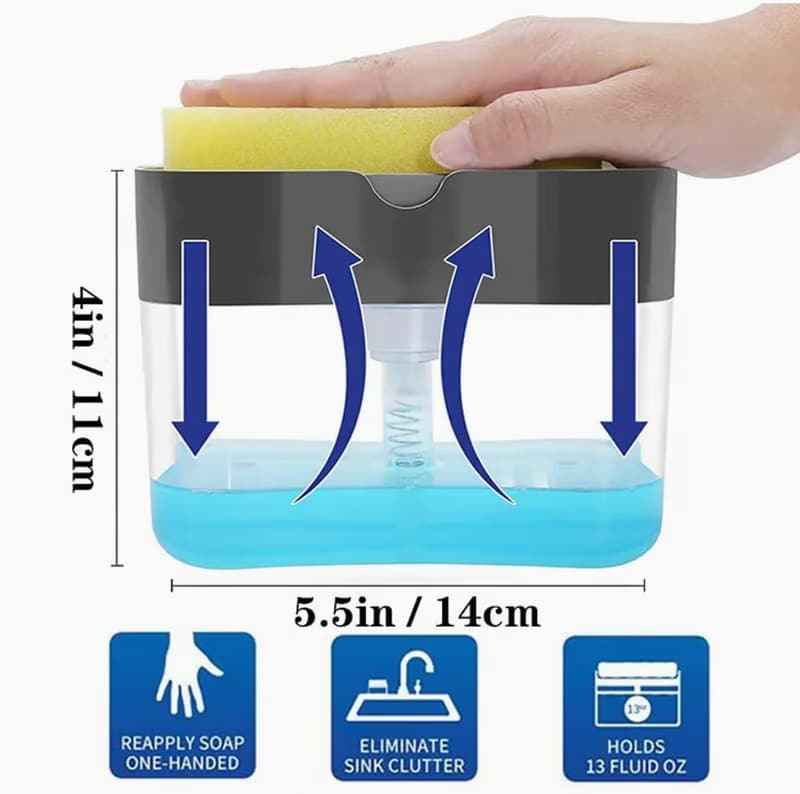 Kitchen Soap Dispenser Brush – Built-in Sponge & Scrubber, Press to Dispense Liquid