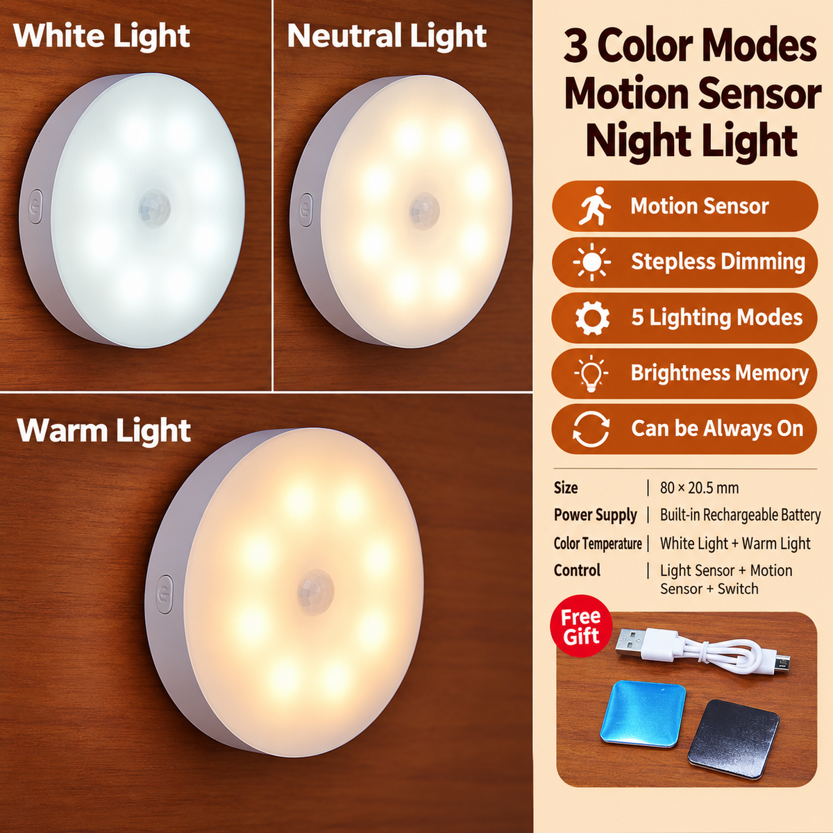 USB Rechargeable Magnetic Round Motion Sensor Light