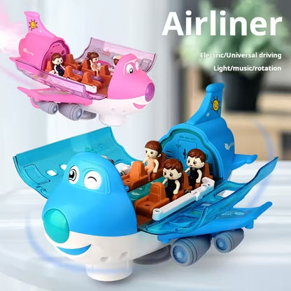 An automatic walking toy airplane that rotates 360° and features lights, music, and puppets.