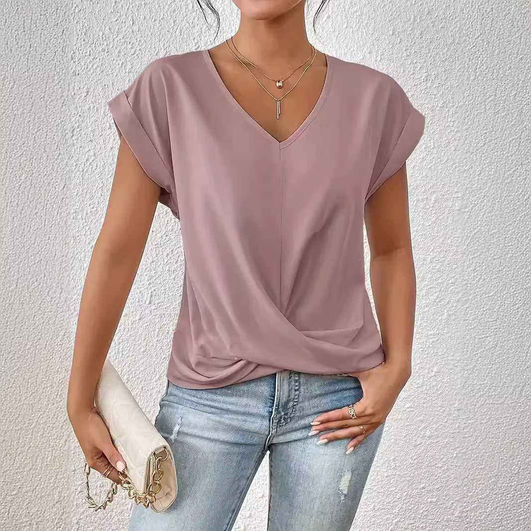 Casual Short-Sleeve T-Shirt with Elegant V-Neck Pleats