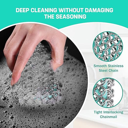 Cast Iron Scrubber – Chainmail Scrubber with Silicone Core for Skillet, Pan, Dutch Oven