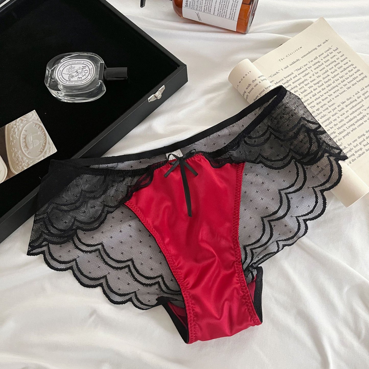 French Luxury Satin Lace Briefs – Wave Mesh Trim, Soft & Comfortable, Feminine Elegance