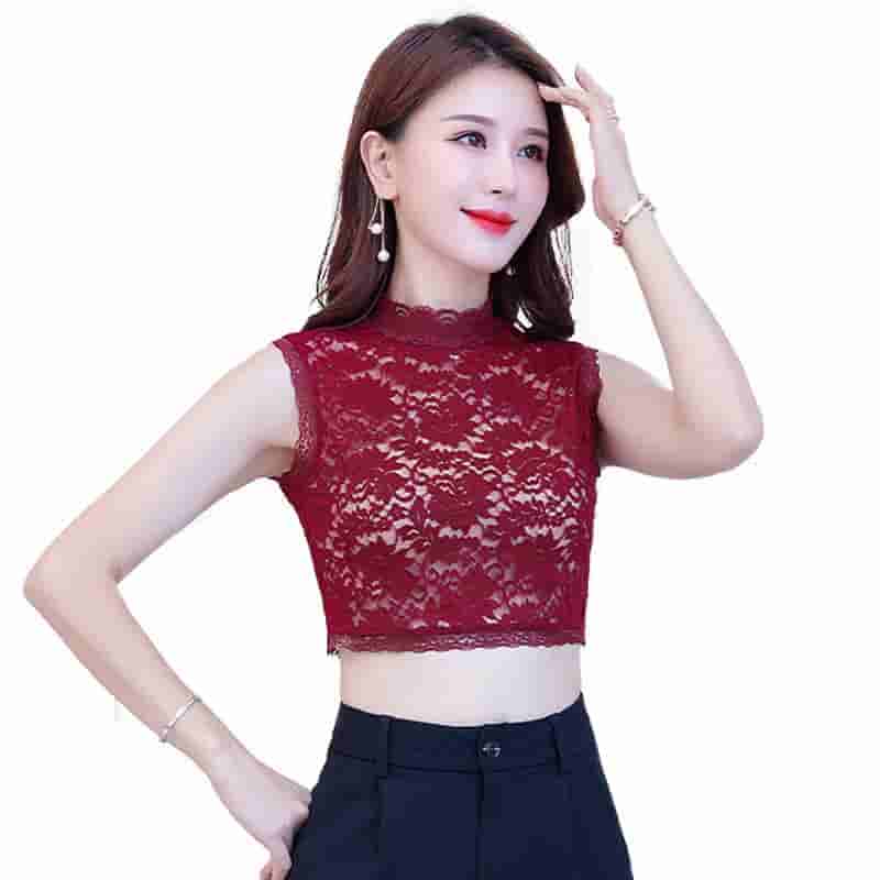 👗Mock Turtleneck Lace Camisole – Sleeveless Mesh Top, Sexy Summer Innerwear