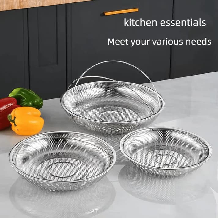 All-In-One Stainless Steel Steamer & Fry Basket – Portable with Handle & Feet, Steaming & Frying in One Basket