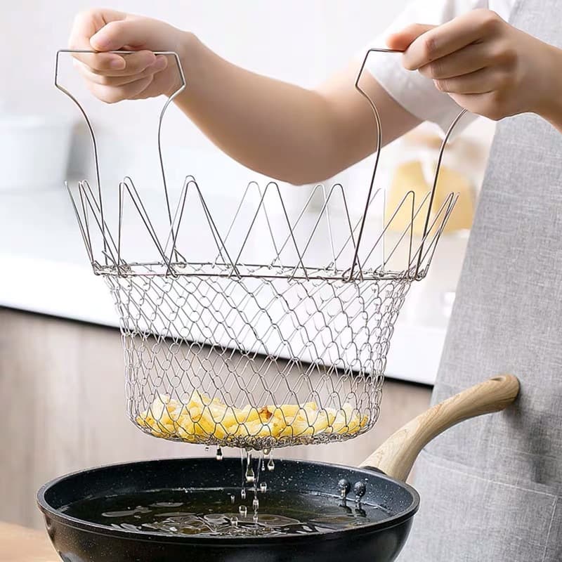 Stainless Steel Folding Fry Basket - Multi-Function Kitchen Strainer for Frying
