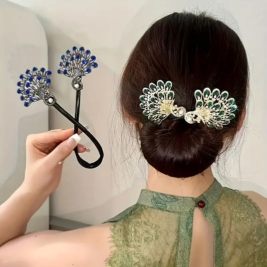 Crystal inspired peacock hair twist clip| lazy bun maker hairpin with rhinestones