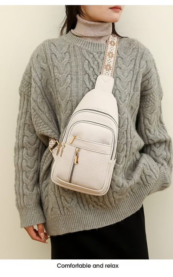 High-Quality Large Capacity Solid Color Crossbody Bag – Patterned Strap Design